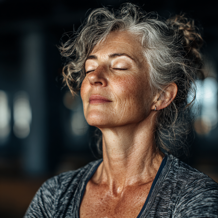 Літня жінка виконує вправи йоги